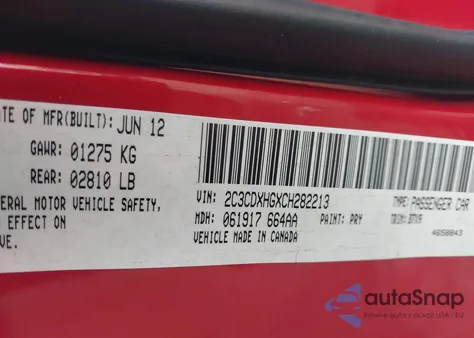 2012 Dodge Charger Sxt из США, поврежденный, VIN 2C3CDXHGXCH282213